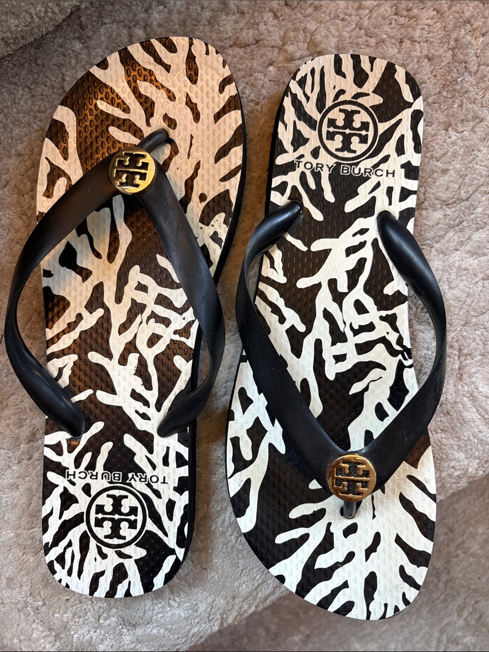 Tory Burch Black & White Logo Medallion Flip Flops